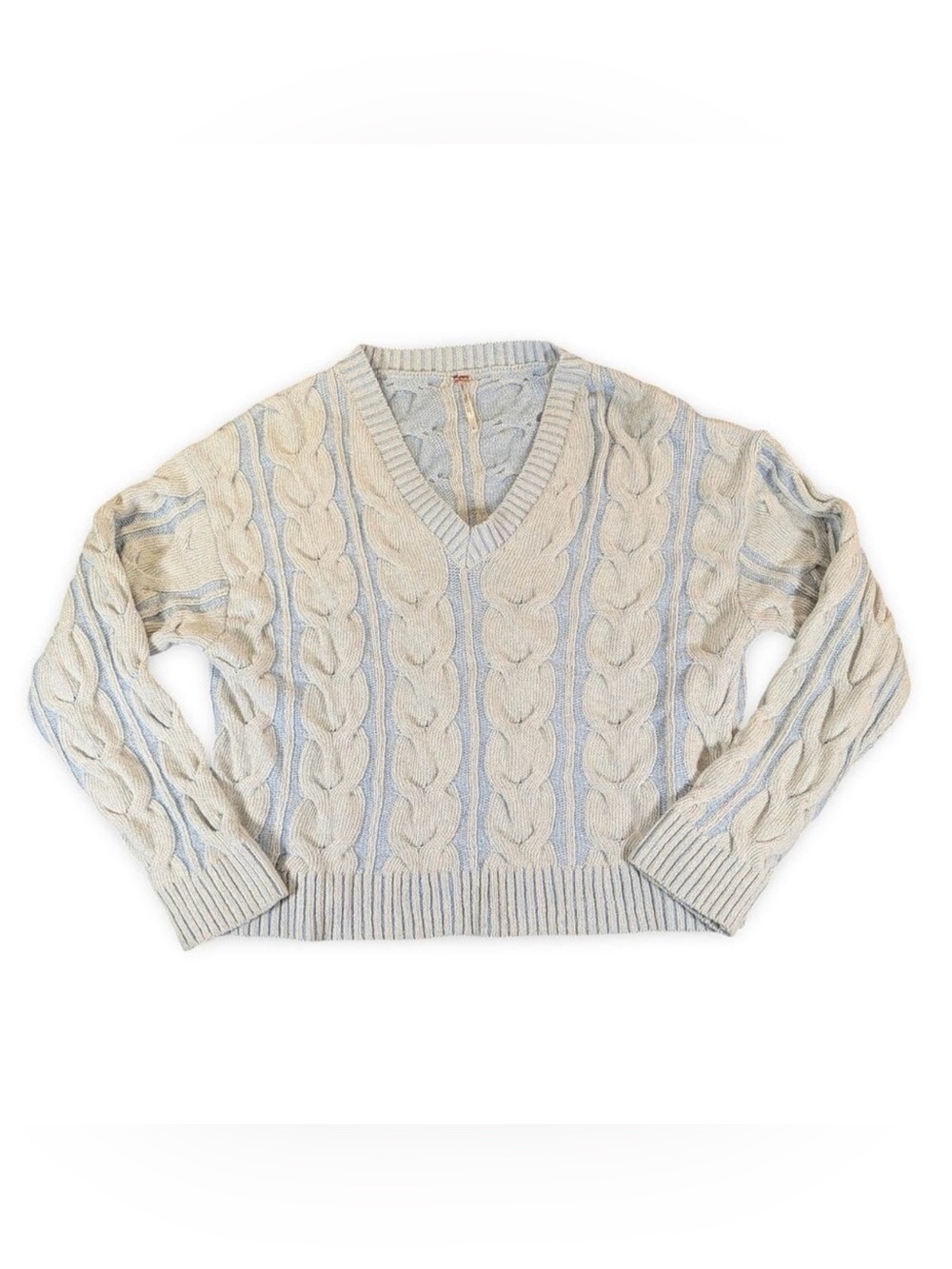 Free People Cable Knit V-Neck Sweater in Cream and Light Blue